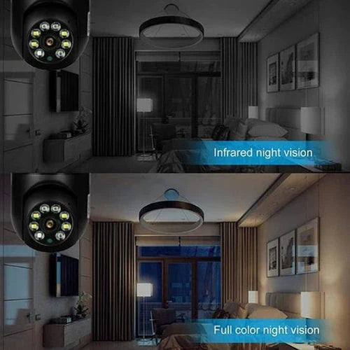 5G WiFi E27 Bulb Surveillance Camera with 360-degree coverage, night vision, and remote control capabilities for comprehensive home security