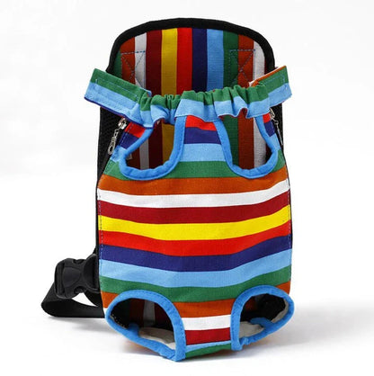 A colorful backpack designed to comfortably carry a dog, with breathable mesh panels and adjustable straps for a secure fit.