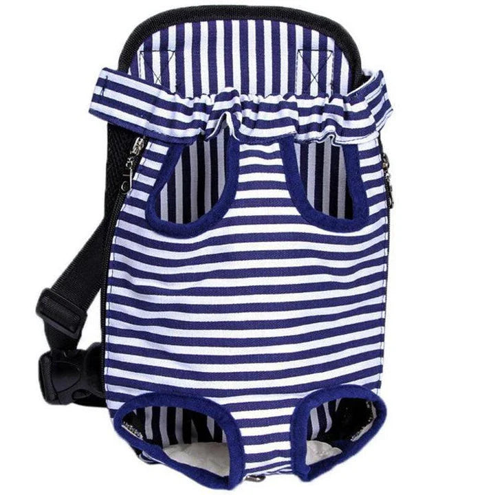 A colorful backpack designed to comfortably carry a dog, with breathable mesh panels and adjustable straps for a secure fit.