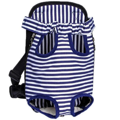 A colorful backpack designed to comfortably carry a dog, with breathable mesh panels and adjustable straps for a secure fit.