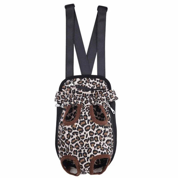 A colorful backpack designed to comfortably carry a dog, with breathable mesh panels and adjustable straps for a secure fit.