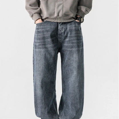 Men's premium cotton jeans with Japanese-inspired retro design in black and gray colors