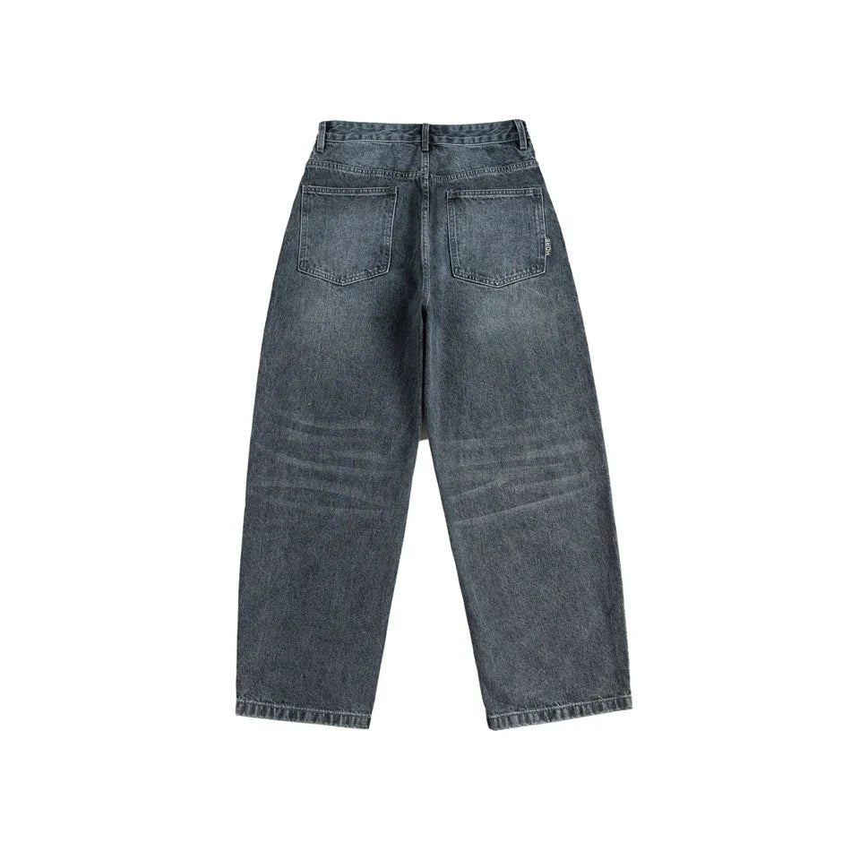 Men's premium cotton jeans with Japanese-inspired retro design in black and gray colors