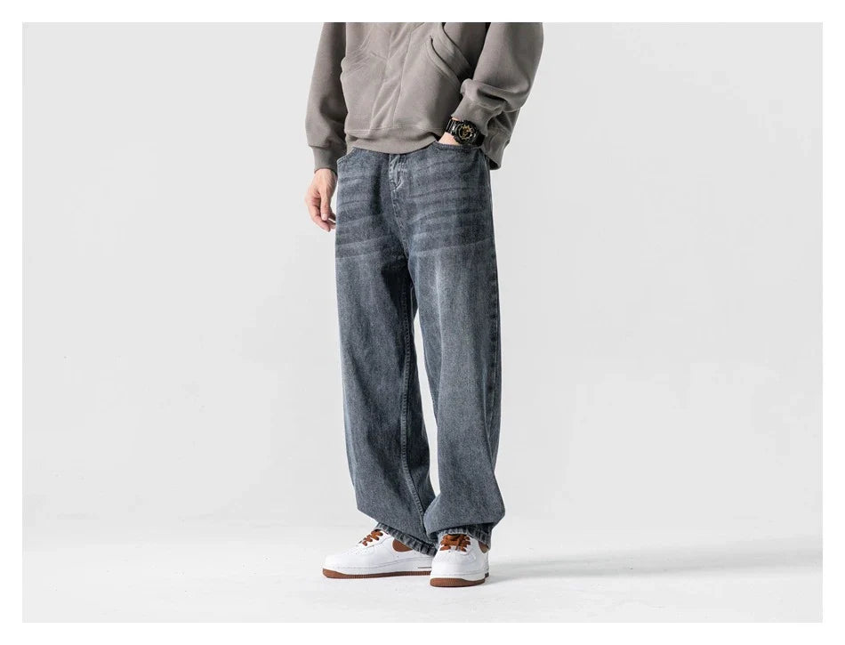 Men's premium cotton jeans with Japanese-inspired retro design in black and gray colors
