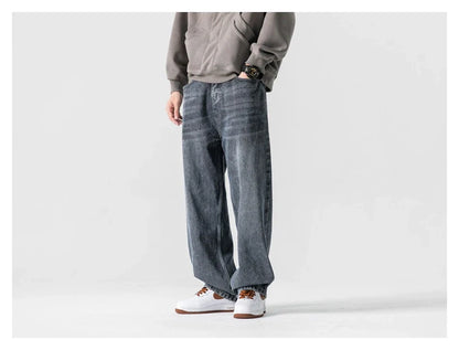 Men's premium cotton jeans with Japanese-inspired retro design in black and gray colors
