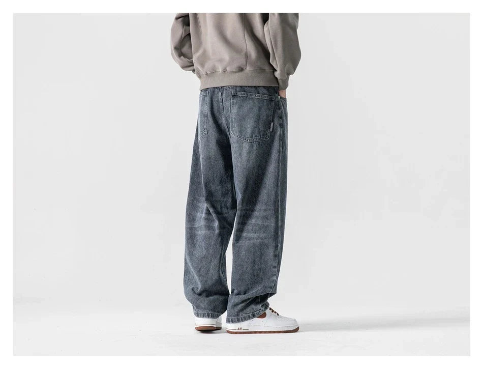 Men's premium cotton jeans with Japanese-inspired retro design in black and gray colors