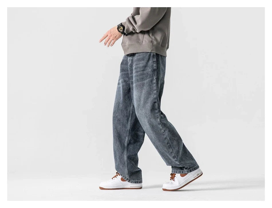 Men's premium cotton jeans with Japanese-inspired retro design in black and gray colors