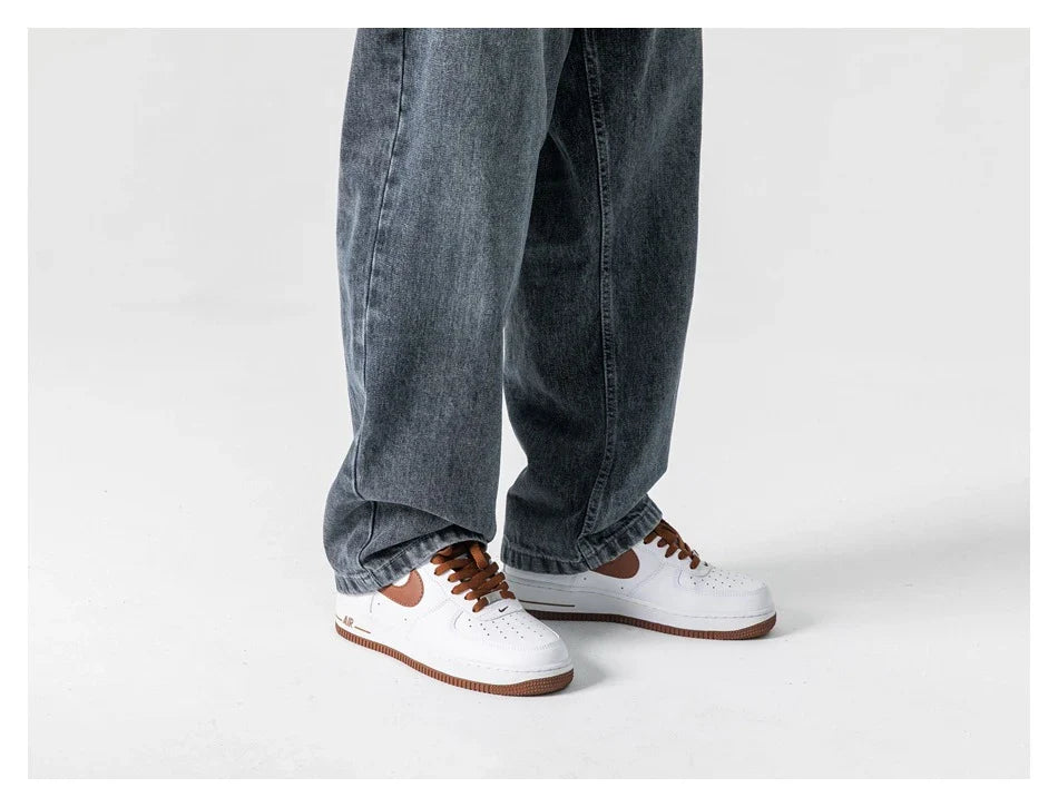 Men's premium cotton jeans with Japanese-inspired retro design in black and gray colors