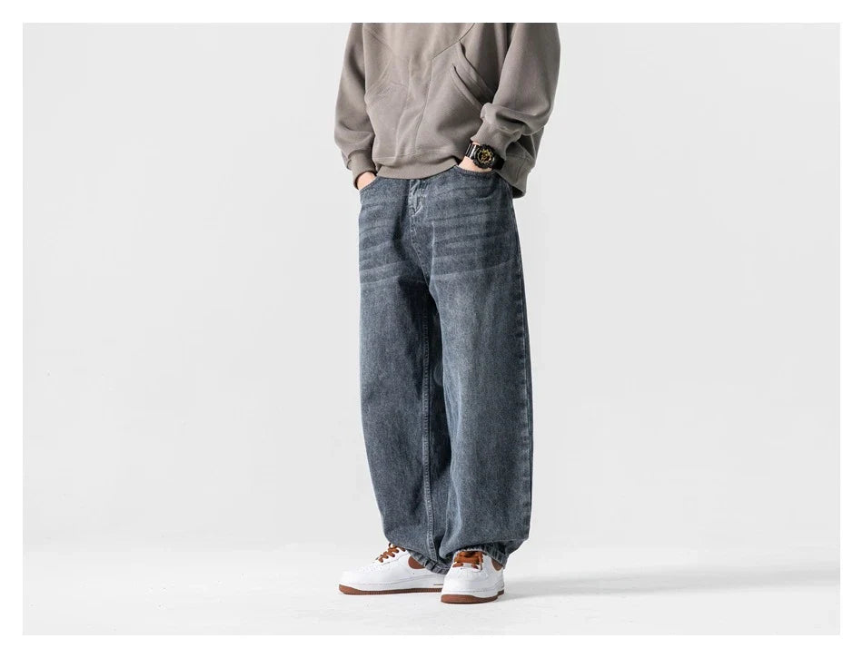 Men's premium cotton jeans with Japanese-inspired retro design in black and gray colors