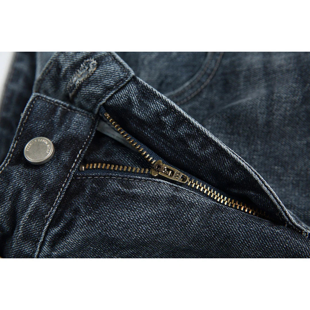 Men's premium cotton jeans with Japanese-inspired retro design in black and gray colors