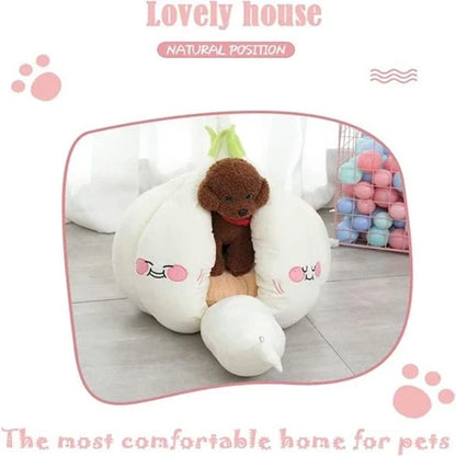Cozy Garlic Cat Bed with soft suede fabric and plush PP cotton filling for ultimate feline comfort