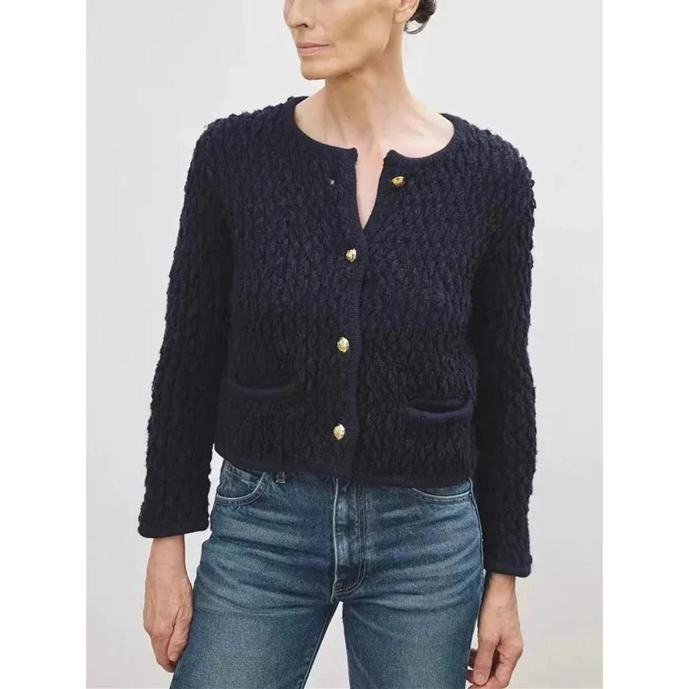 Elegant knitted cardigan for women in premium wool fabric, featuring O-neck collar and convenient pockets
