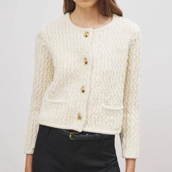 Elegant knitted cardigan for women in premium wool fabric, featuring O-neck collar and convenient pockets