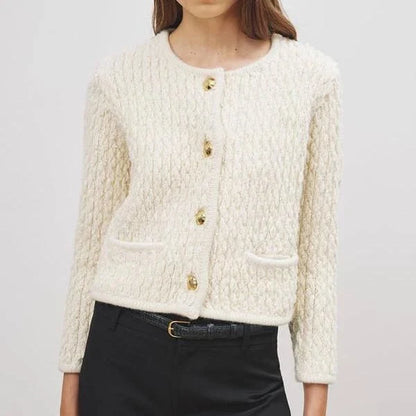 Elegant knitted cardigan for women in premium wool fabric, featuring O-neck collar and convenient pockets