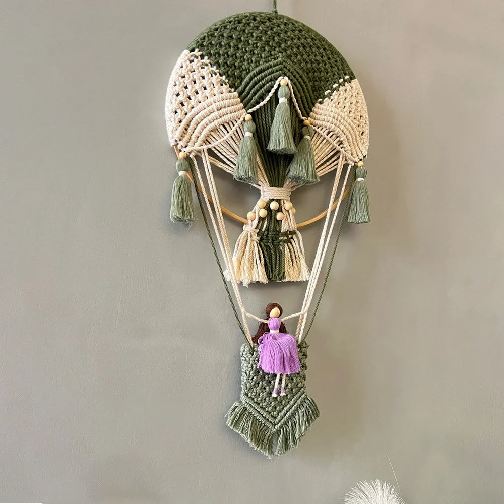 Handcrafted cotton tapestry featuring vibrant hot air balloon design, perfect for wall decor in living room or bedroom.