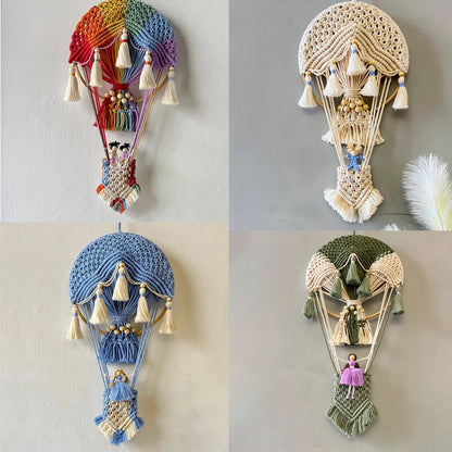 Handcrafted cotton tapestry featuring vibrant hot air balloon design, perfect for wall decor in living room or bedroom.