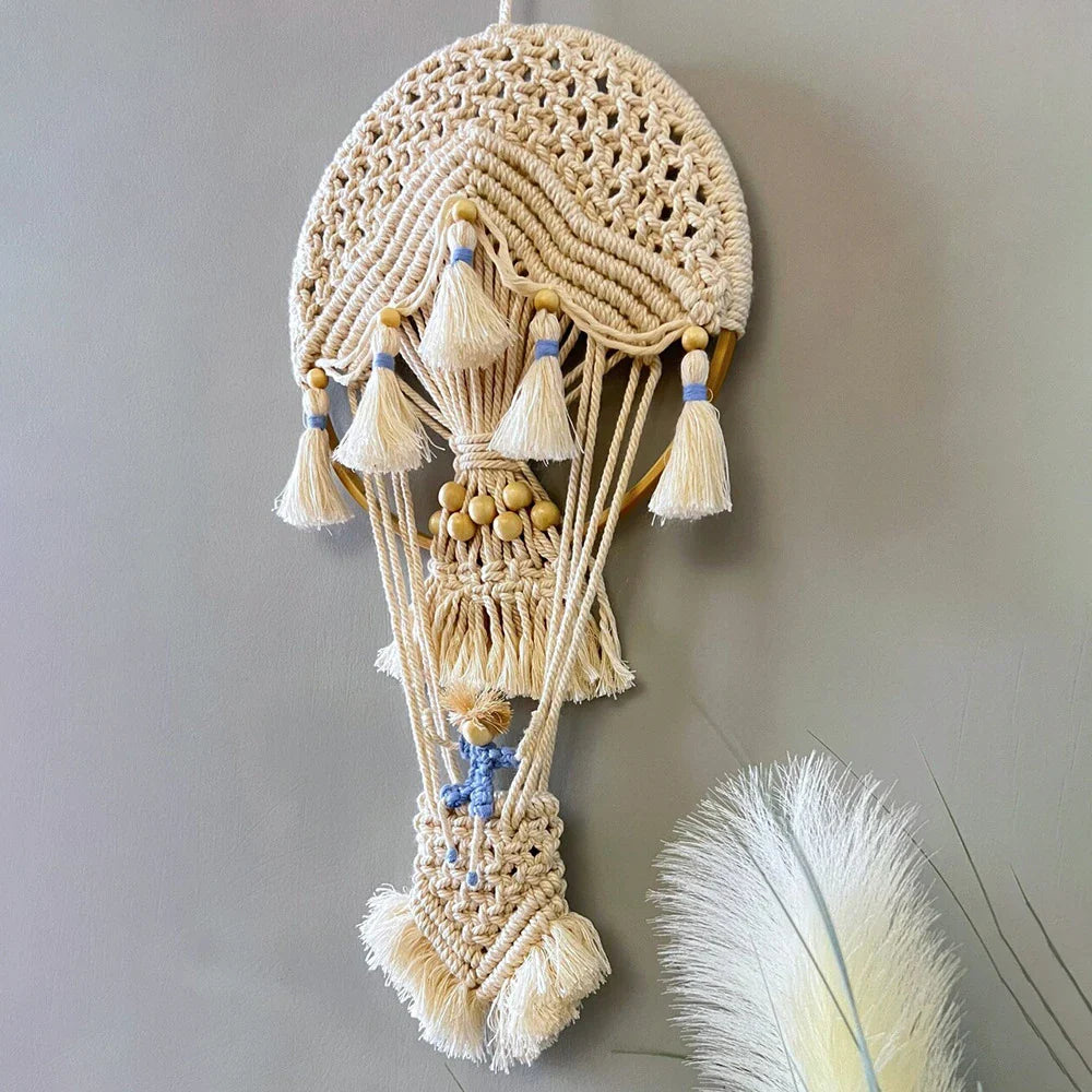 Handcrafted cotton tapestry featuring vibrant hot air balloon design, perfect for wall decor in living room or bedroom.