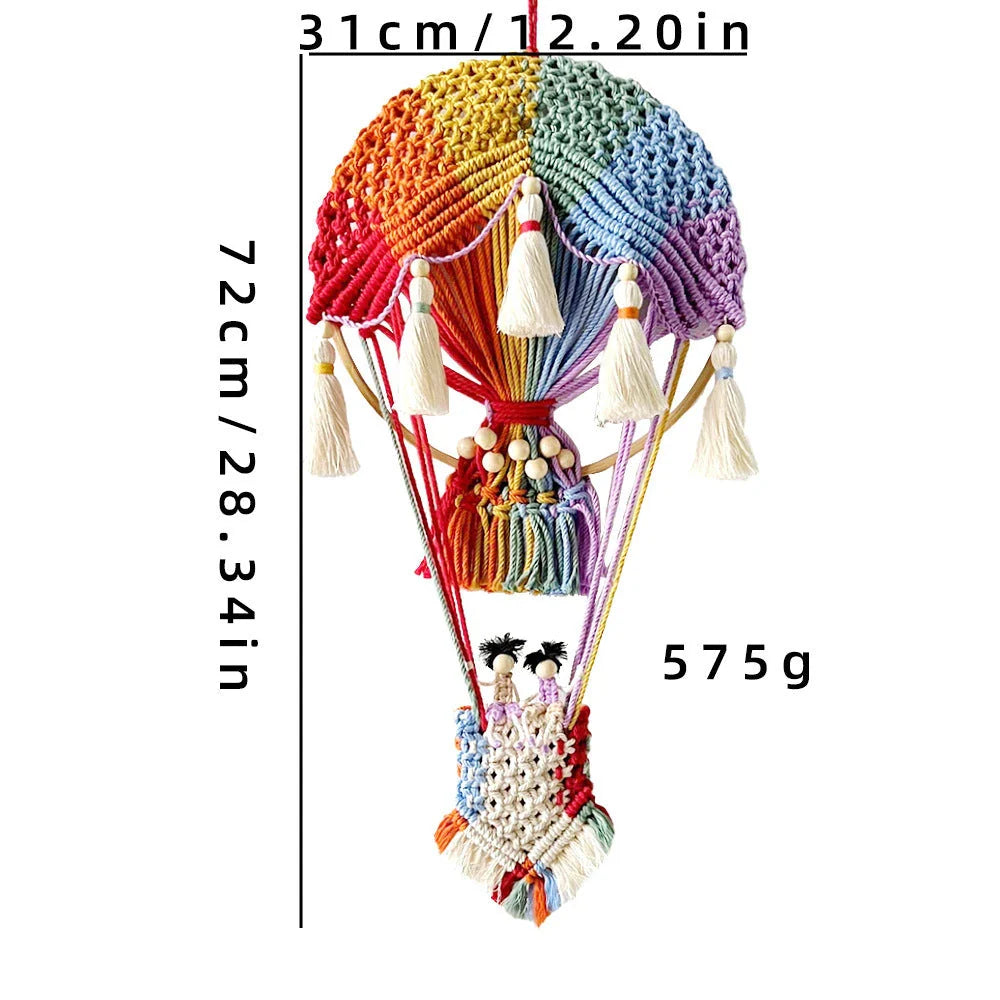 Handcrafted cotton tapestry featuring vibrant hot air balloon design, perfect for wall decor in living room or bedroom.