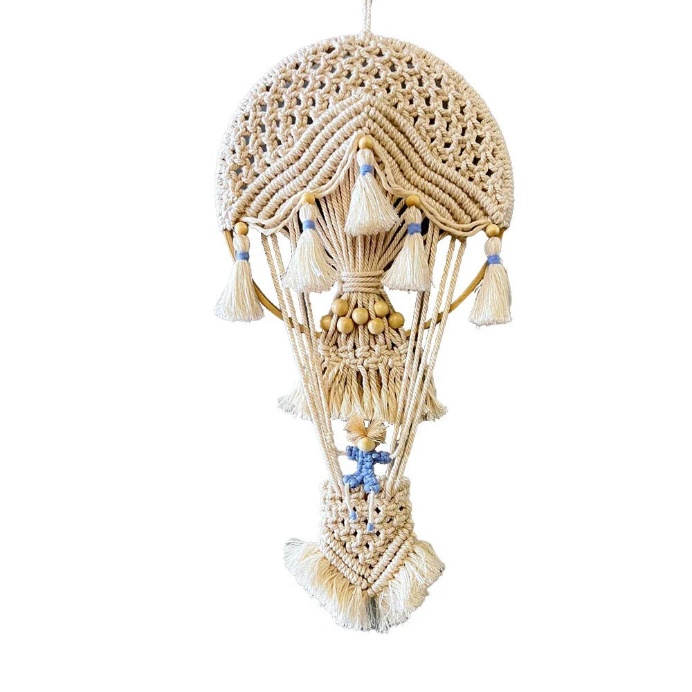 Handcrafted cotton tapestry featuring vibrant hot air balloon design, perfect for wall decor in living room or bedroom.