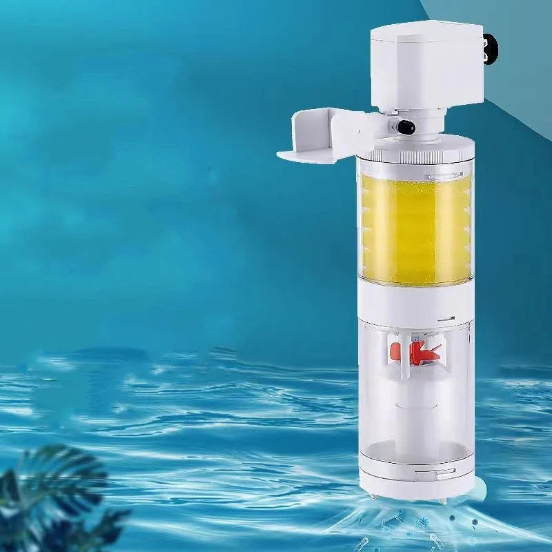 A fish tank with a built-in filter and a suction wall-hung urinal toilet, creating a unique and innovative bathroom fixture