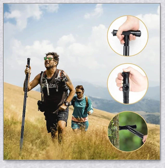 Durable, adjustable, and multifunctional collapsible walking stick for outdoor adventures and survival situations