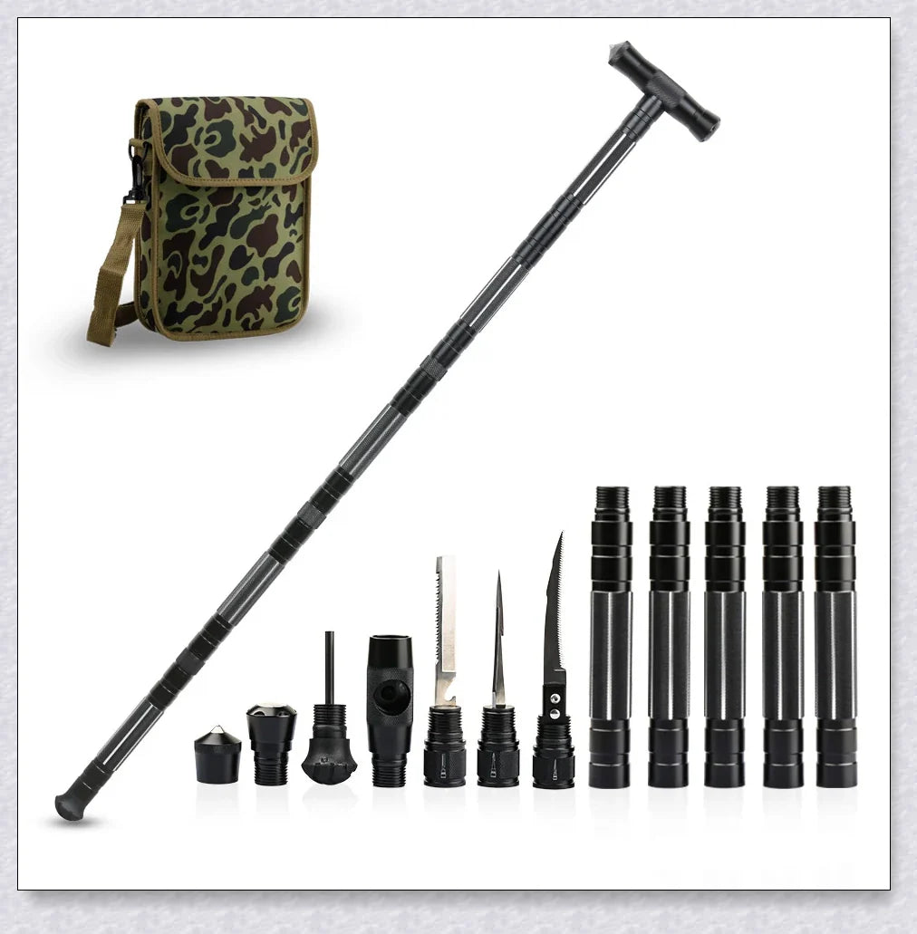 Durable, adjustable, and multifunctional collapsible walking stick for outdoor adventures and survival situations