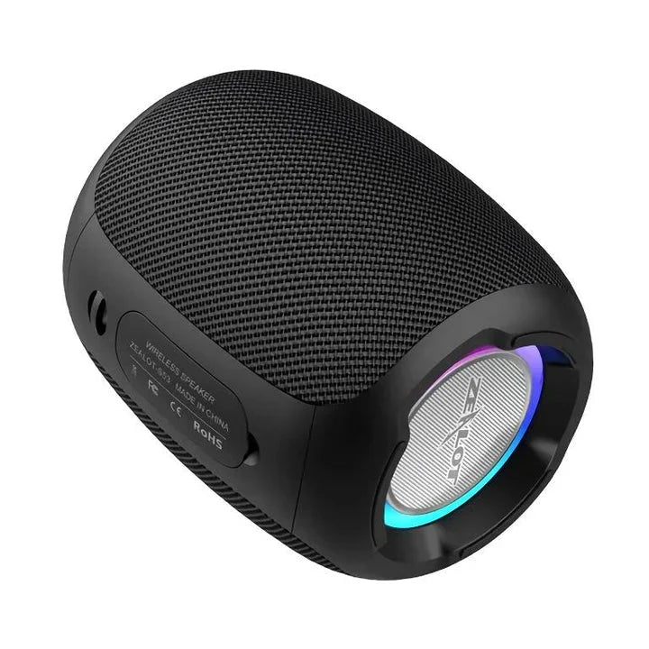 Portable waterproof Bluetooth speaker with powerful 10W sound, metal diaphragm, and colorful lighting effects