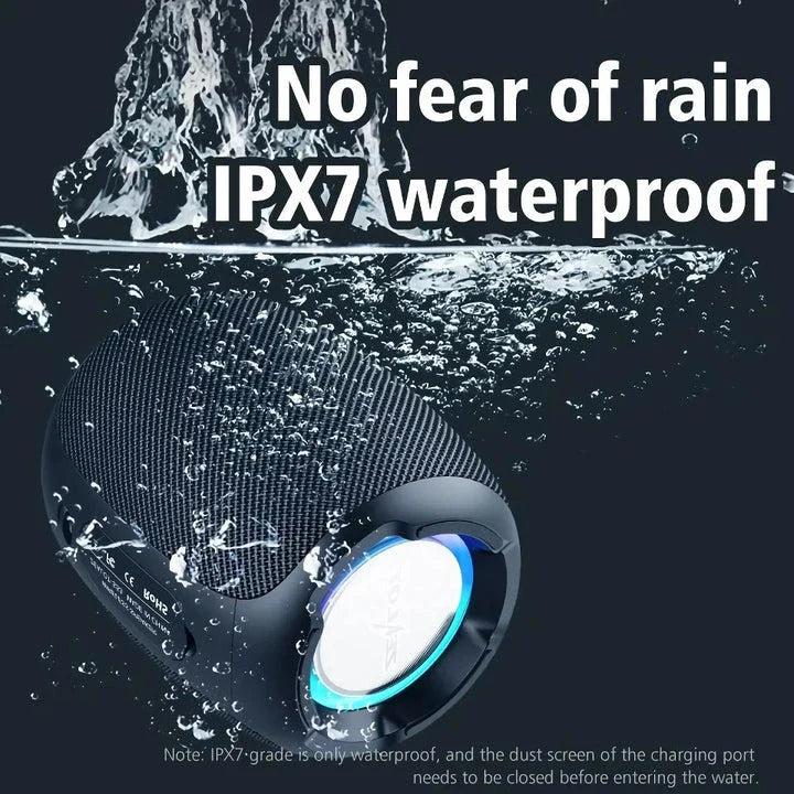 Portable waterproof Bluetooth speaker with powerful 10W sound, metal diaphragm, and colorful lighting effects