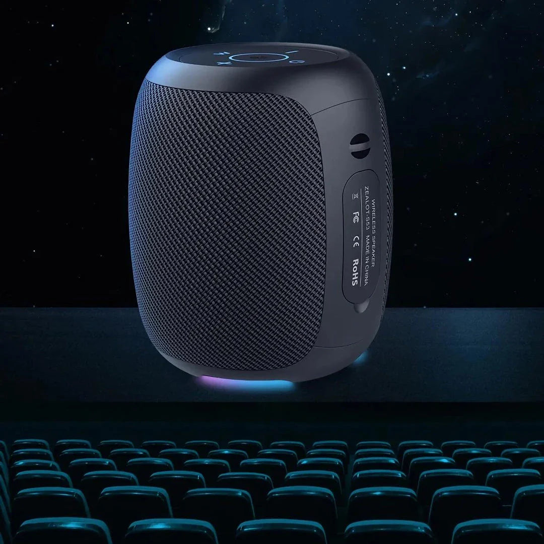 Portable waterproof Bluetooth speaker with powerful 10W sound, metal diaphragm, and colorful lighting effects
