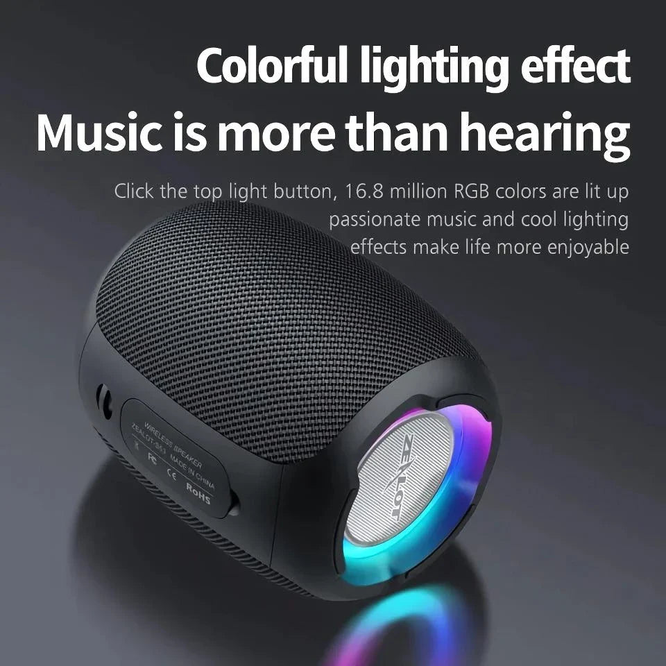 Portable waterproof Bluetooth speaker with powerful 10W sound, metal diaphragm, and colorful lighting effects