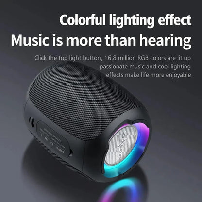 Portable waterproof Bluetooth speaker with powerful 10W sound, metal diaphragm, and colorful lighting effects