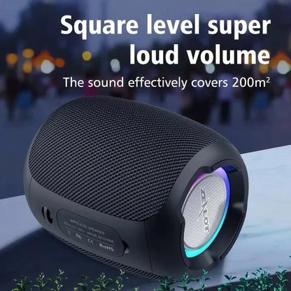 Portable waterproof Bluetooth speaker with powerful 10W sound, metal diaphragm, and colorful lighting effects
