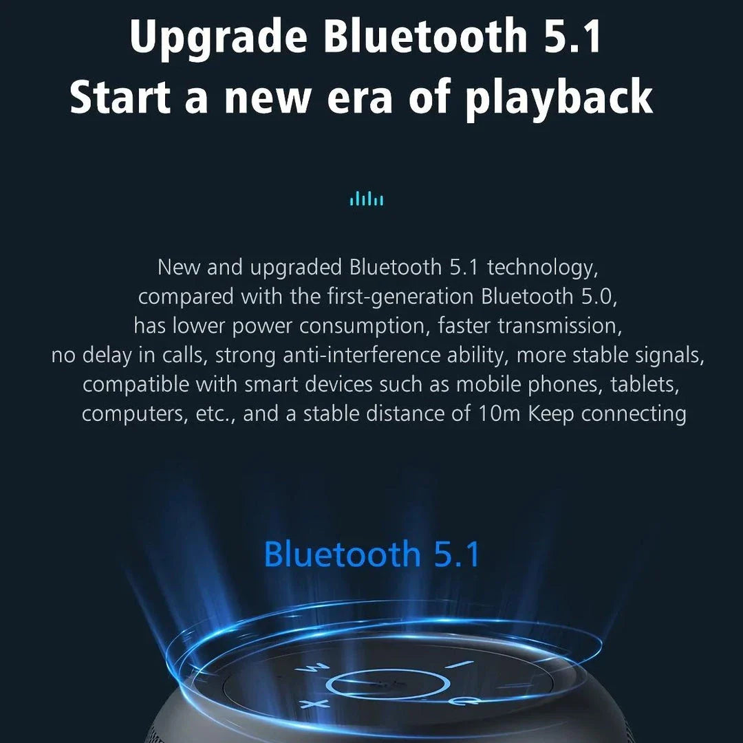 Portable waterproof Bluetooth speaker with powerful 10W sound, metal diaphragm, and colorful lighting effects