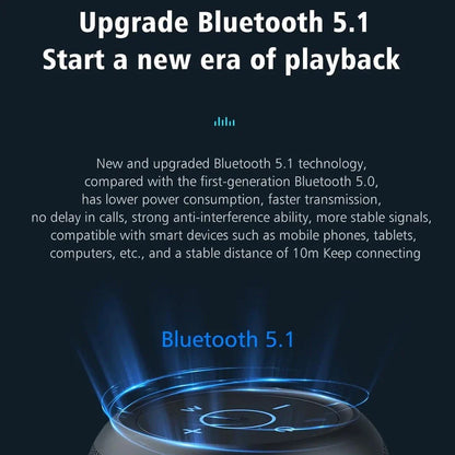 Portable waterproof Bluetooth speaker with powerful 10W sound, metal diaphragm, and colorful lighting effects