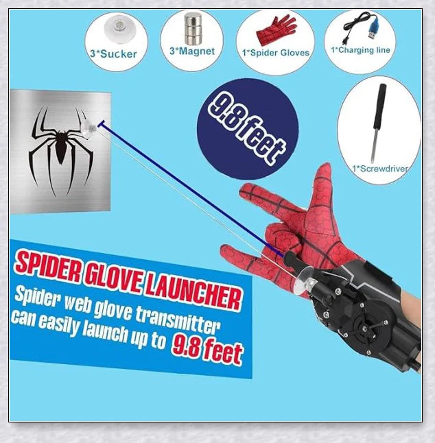 A high-quality 3D printed Spider Web Shooter toy with rechargeable battery and effective shooting range up to 9.8 feet, perfect for superhero roleplay and active fun.