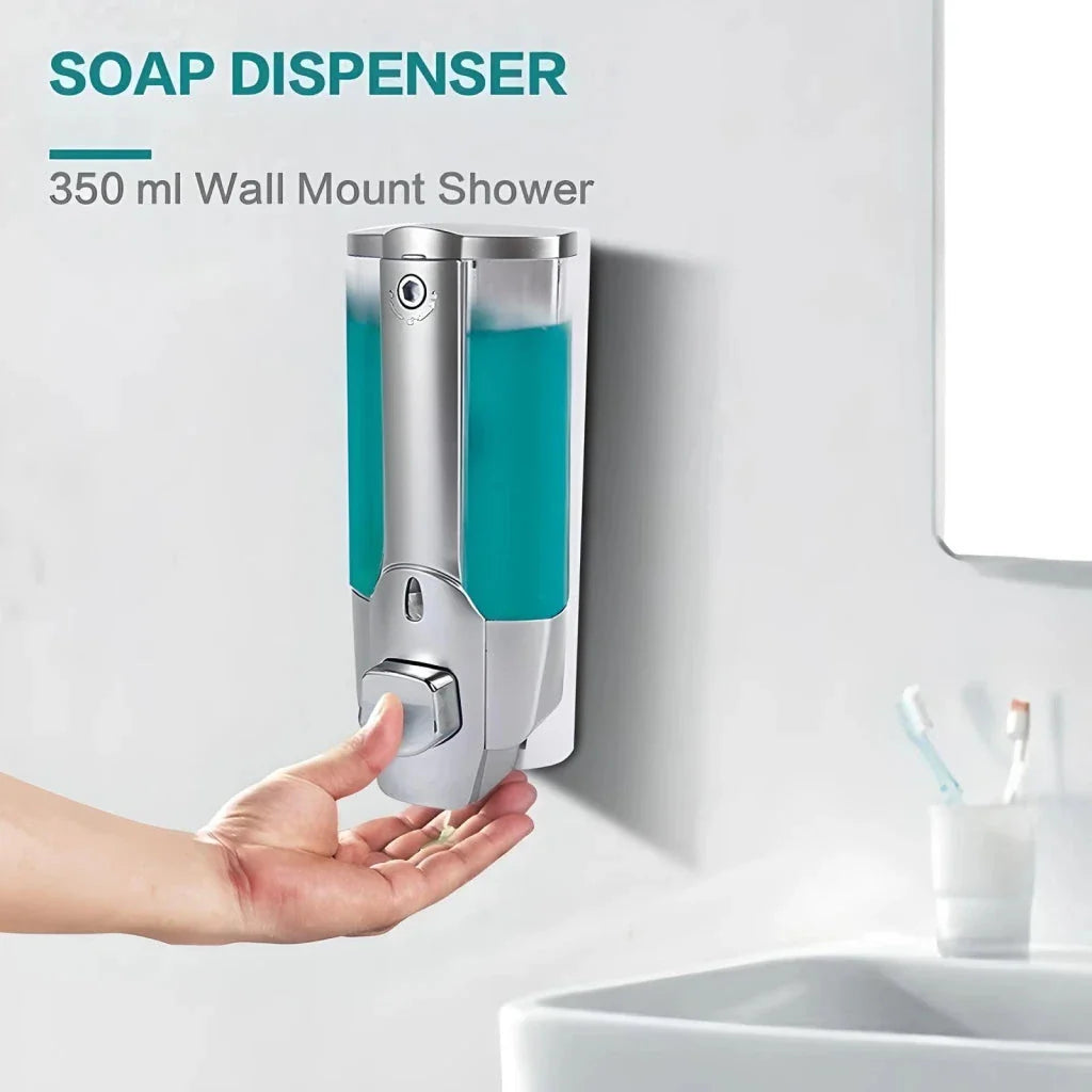 A modern, silver-colored 350ml wall-mounted soap and shampoo dispenser with a sleek, touch-free design for enhanced hygiene in bathrooms and kitchens.