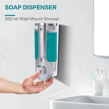 A modern, silver-colored 350ml wall-mounted soap and shampoo dispenser with a sleek, touch-free design for enhanced hygiene in bathrooms and kitchens.