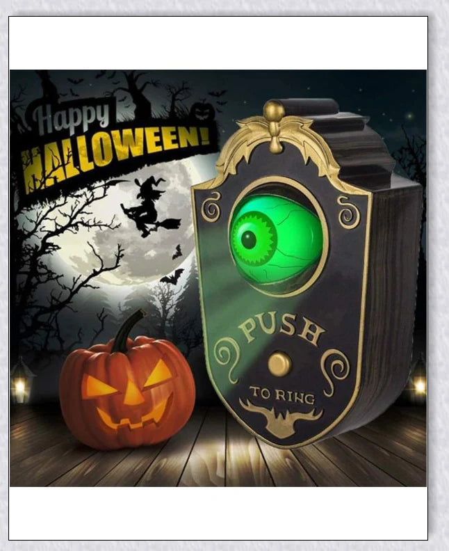 A black, retro-style doorbell with a glowing, moving eyeball that delivers spooky greetings for Halloween and other occasions