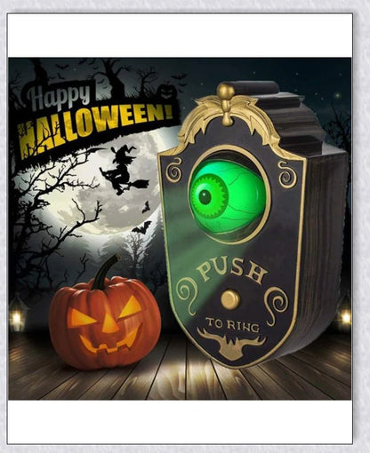A black, retro-style doorbell with a glowing, moving eyeball that delivers spooky greetings for Halloween and other occasions