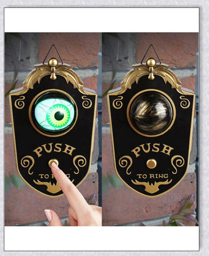 A black, retro-style doorbell with a glowing, moving eyeball that delivers spooky greetings for Halloween and other occasions