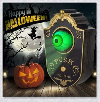 A black, retro-style doorbell with a glowing, moving eyeball that delivers spooky greetings for Halloween and other occasions