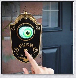 A black, retro-style doorbell with a glowing, moving eyeball that delivers spooky greetings for Halloween and other occasions