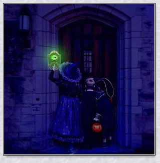 A black, retro-style doorbell with a glowing, moving eyeball that delivers spooky greetings for Halloween and other occasions