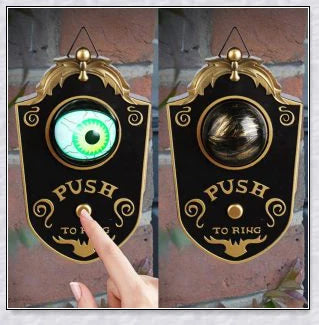 A black, retro-style doorbell with a glowing, moving eyeball that delivers spooky greetings for Halloween and other occasions
