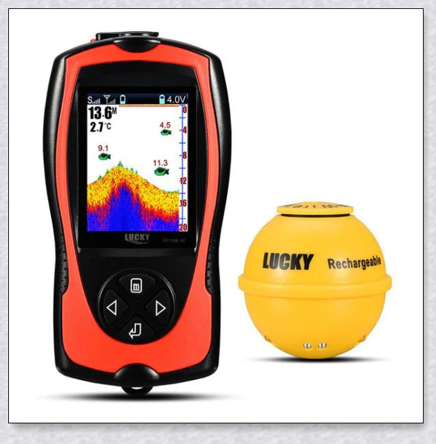 Wireless Sonar Portable GPS Fish Finder with LED backlit display, water depth and temperature sensors, and wireless connectivity.