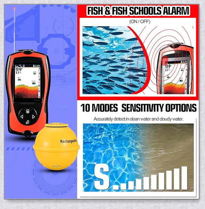 Wireless Sonar Portable GPS Fish Finder with LED backlit display, water depth and temperature sensors, and wireless connectivity.