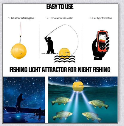 Wireless Sonar Portable GPS Fish Finder with LED backlit display, water depth and temperature sensors, and wireless connectivity.