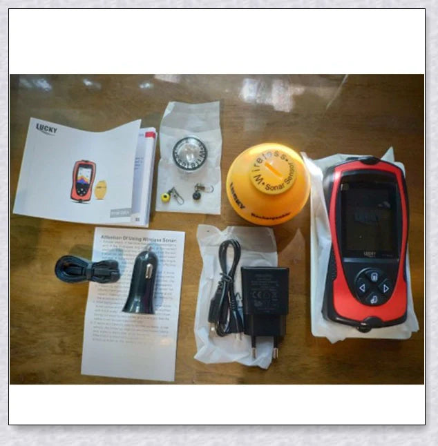 Wireless Sonar Portable GPS Fish Finder with LED backlit display, water depth and temperature sensors, and wireless connectivity.