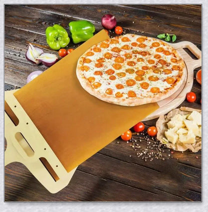 A high-quality pizza transfer shovel with a non-stick surface and sturdy construction for easy and mess-free pizza transfer from oven to plate.