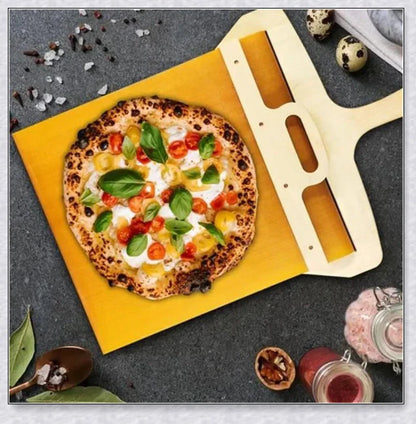 A high-quality pizza transfer shovel with a non-stick surface and sturdy construction for easy and mess-free pizza transfer from oven to plate.